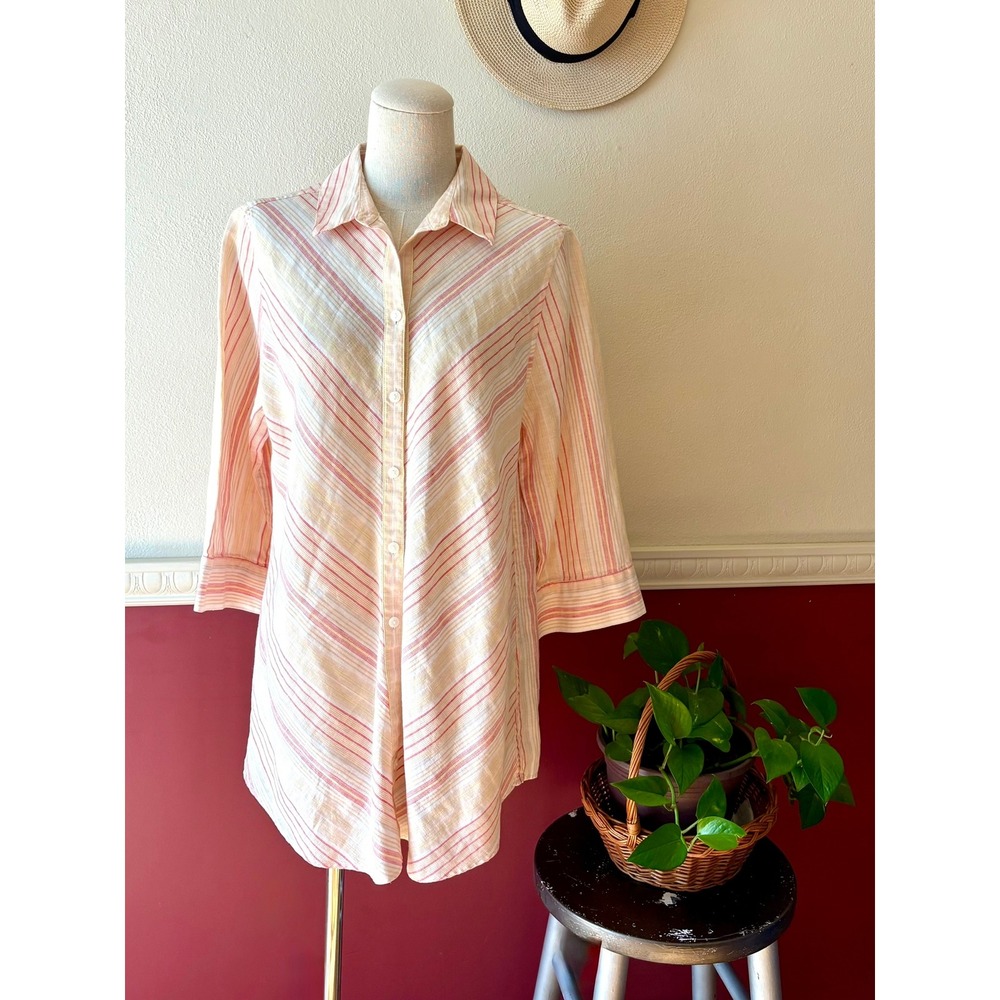 Chicos No-Iron 100% Linen Striped Button Down Tunic Top Pink Orange 1 M Coastal